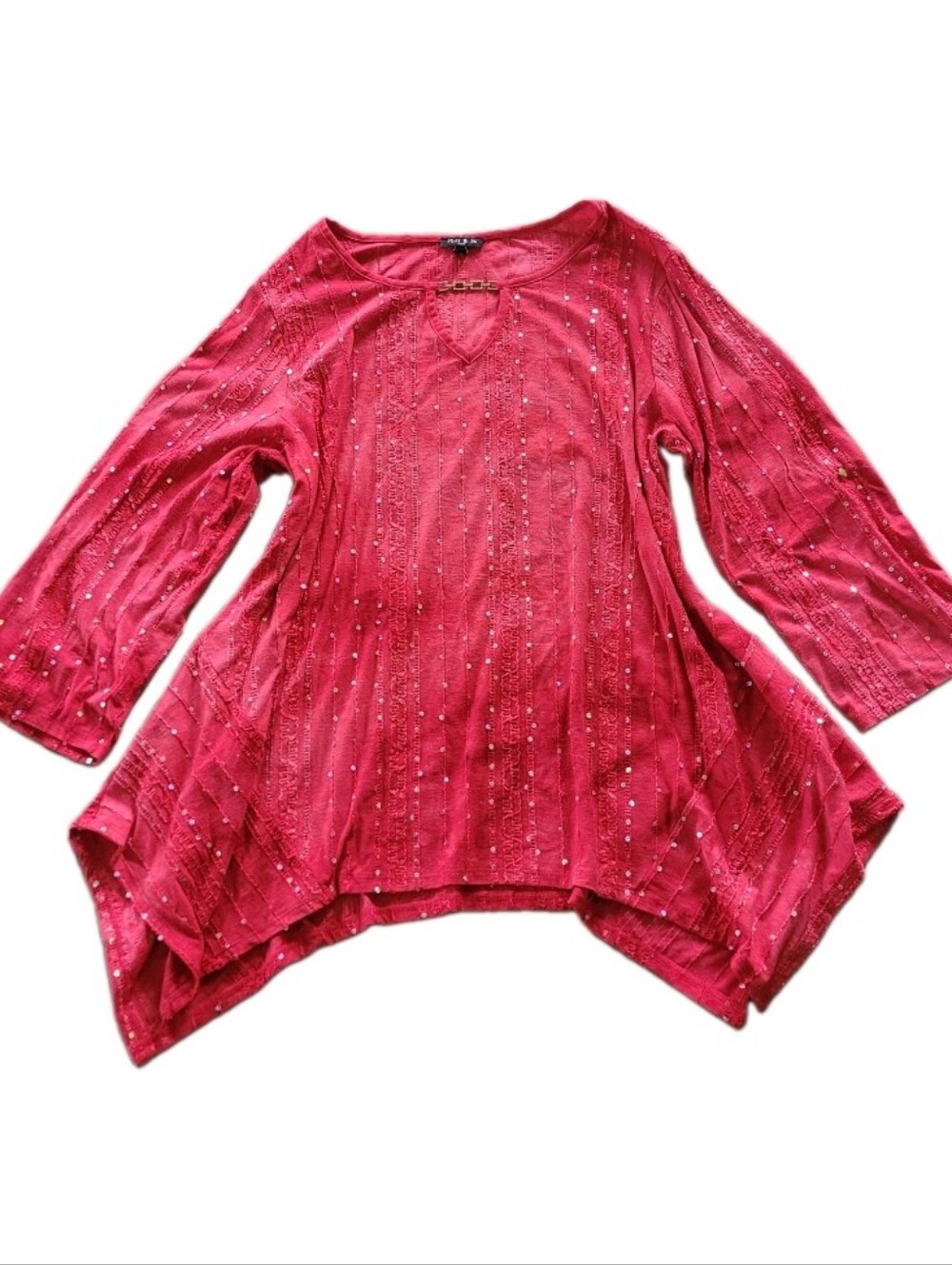 Sami & Jo Blue Sequin Embroidered Pullover Top Plus Size 2XL Roll Tab Sleeves 2X